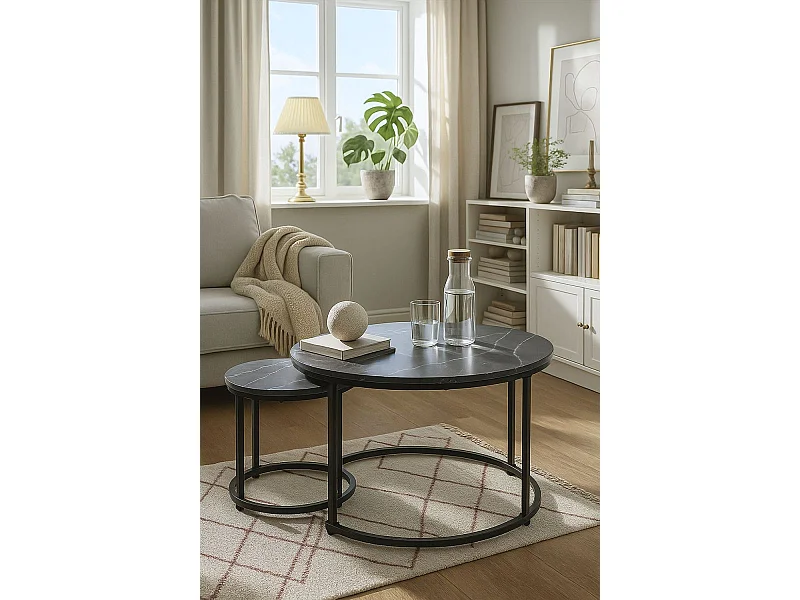 Mesas Auxiliares - Set 2 Mesas Centro Renty Negras - Mármol Negro