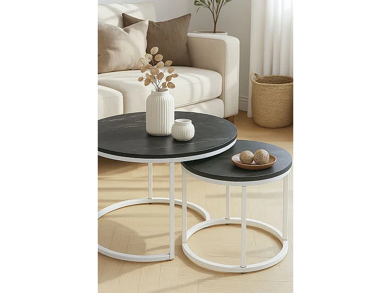Mesas Auxiliares - Set 2 Mesas Centro Renty 80 - 48 cm - Mármol Negro