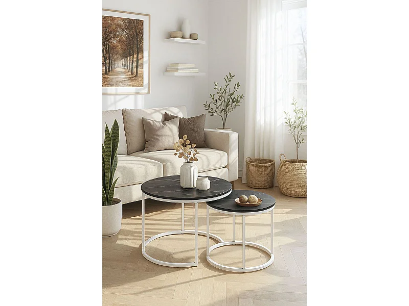 Mesas Auxiliares - Set 2 Mesas Centro Renty 80 - 48 cm - Mármol Negro