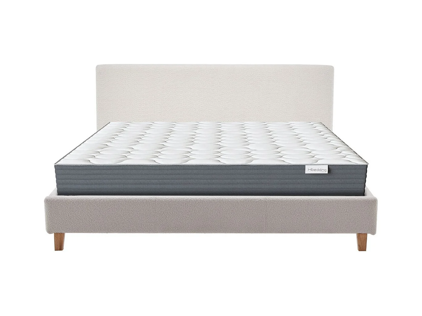 Ensemble Lit adulte 140x190cm avec tête de lit en tissu bouclé beige - Milo + Matelas mémoire de forme - Memo HR