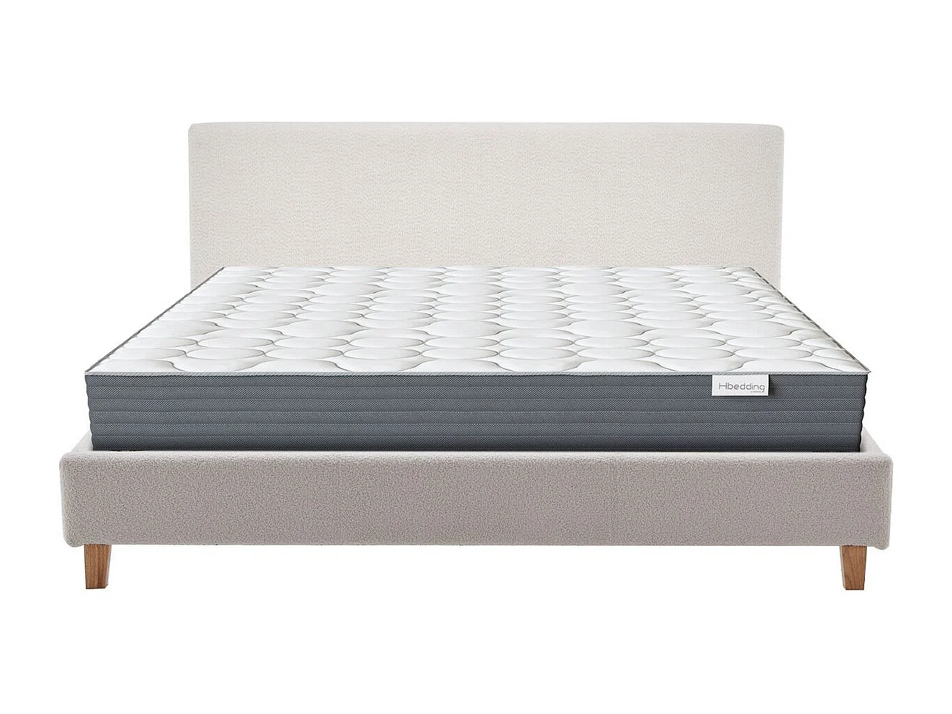 Ensemble Lit adulte 140x190cm avec tête de lit en tissu bouclé beige - Milo + Matelas mémoire de forme - Memo HR