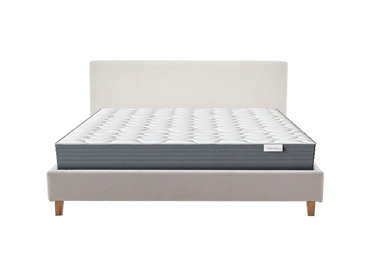 Ensemble Lit adulte 140x190cm avec tête de lit en tissu bouclé beige - Milo + Matelas mémoire de forme - Memo HR