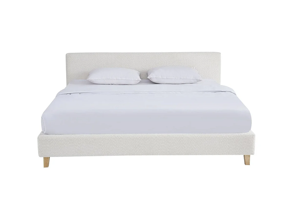 Ensemble Lit adulte 140x190cm avec tête de lit en tissu bouclé beige - Milo + Matelas mémoire de forme - Memo HR