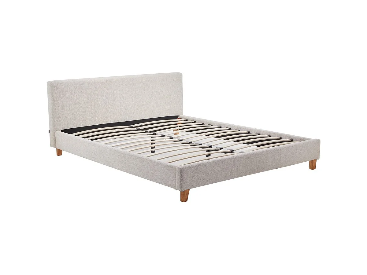 Ensemble Lit adulte 140x190cm avec tête de lit en tissu bouclé beige - Milo + Matelas mémoire de forme - Memo HR