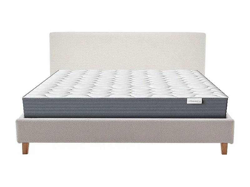 Ensemble Lit adulte 140x190cm avec tête de lit en tissu bouclé beige - Milo + Matelas mémoire de forme - Memo HR