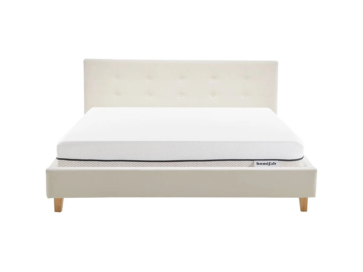 Ensemble Lit adulte 140x190cm avec tête de lit en velours beige - Milo + Matelas ressorts ensachés - Spring Elite