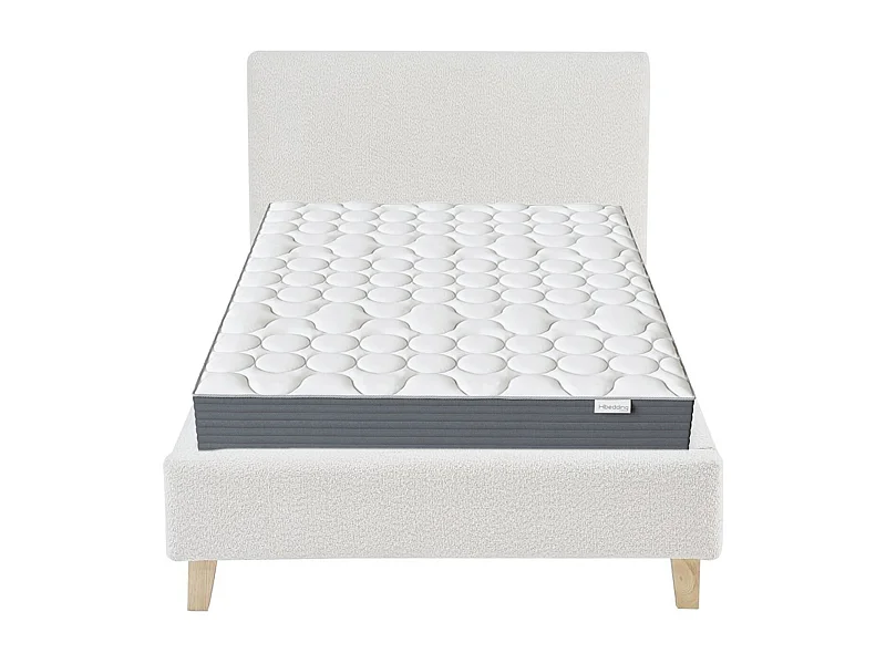 Ensemble Lit adulte 90x190cm avec tête de lit en tissu bouclé beige - Milo + Matelas mémoire de forme - Memo HR