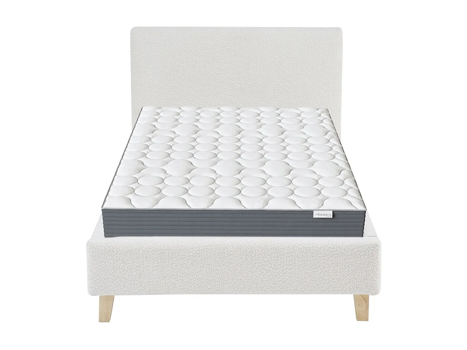 Ensemble Lit adulte 90x190cm avec tête de lit en tissu bouclé beige - Milo + Matelas mémoire de forme - Memo HR