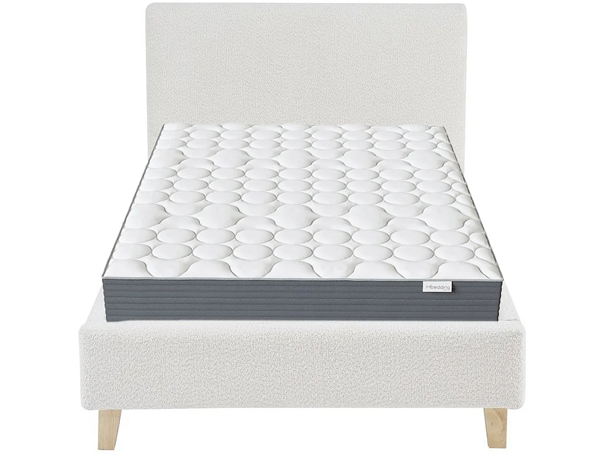 Ensemble Lit adulte 90x190cm avec tête de lit en tissu bouclé beige - Milo + Matelas mémoire de forme - Memo HR