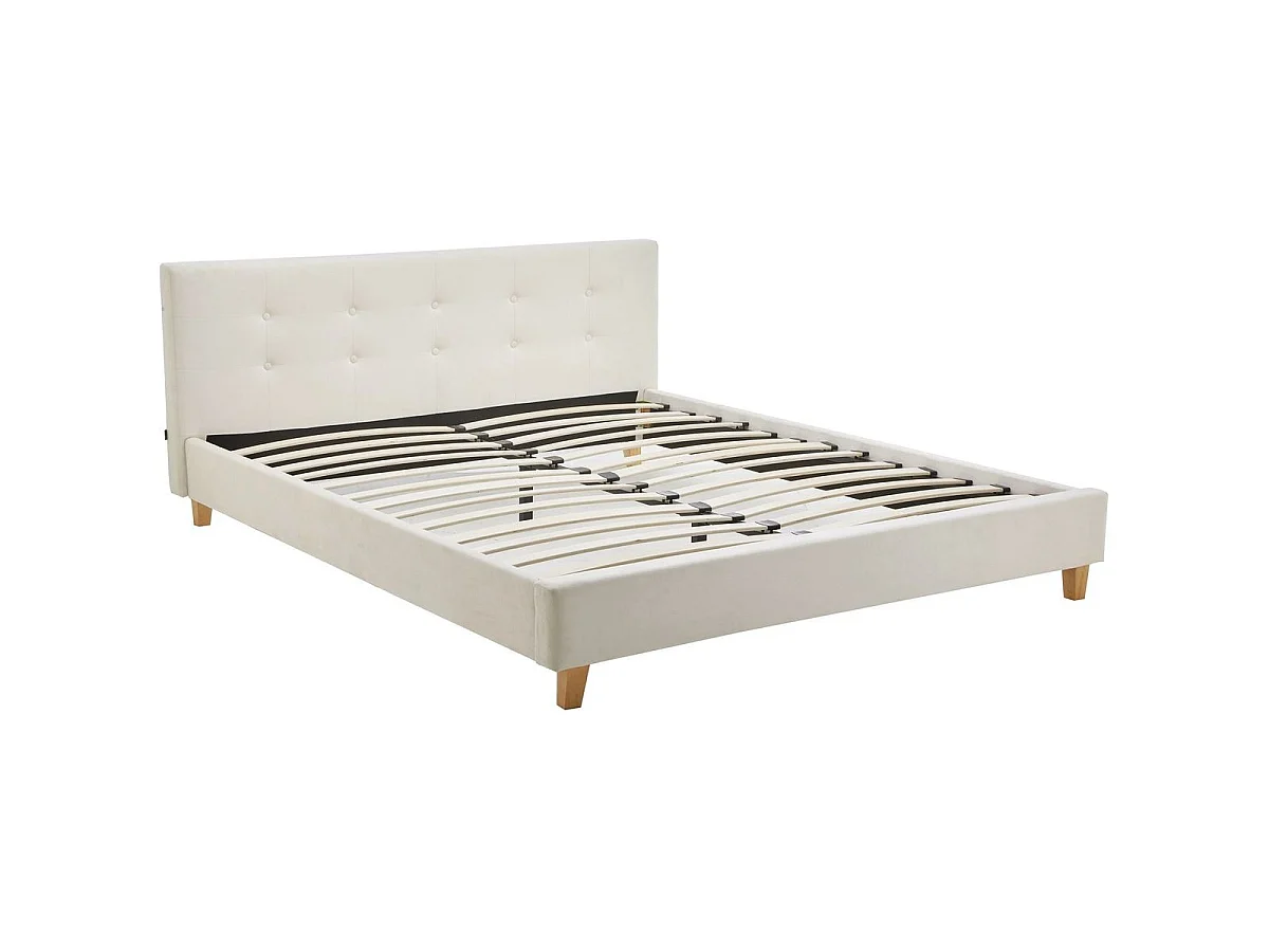 Ensemble Lit adulte 160x200cm avec tête de lit en velours beige - Milo + Matelas mémoire de forme - Dual Confort