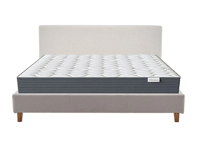 Ensemble Lit adulte 160x200cm avec tête de lit en tissu bouclé beige - Milo + Matelas mémoire de forme - Memo HR