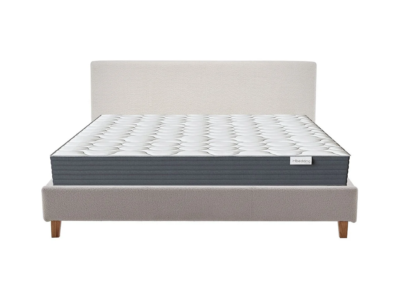 Ensemble Lit adulte 160x200cm avec tête de lit en tissu bouclé beige - Milo + Matelas mémoire de forme - Memo HR