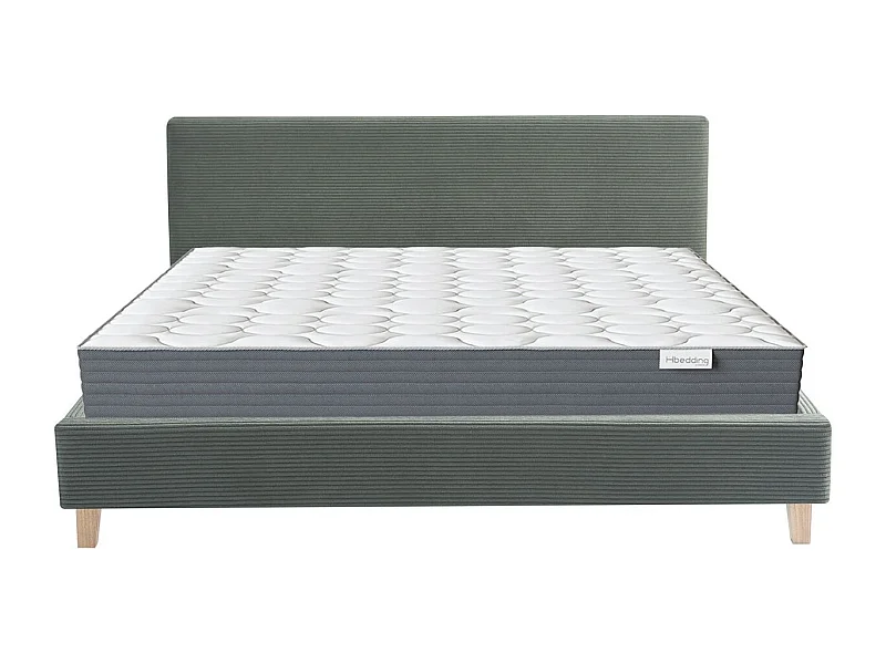 Ensemble Lit adulte 160x200cm avec tête de lit en velours côtelé vert kaki - Milo + Matelas mémoire de forme - Memo HR