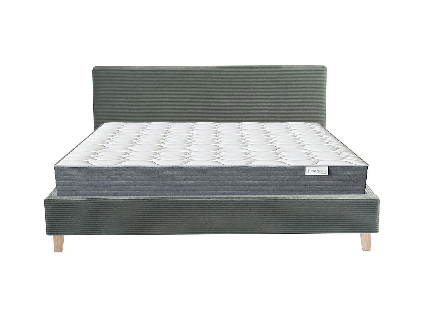 Ensemble Lit adulte 160x200cm avec tête de lit en velours côtelé vert kaki - Milo + Matelas mémoire de forme - Memo HR