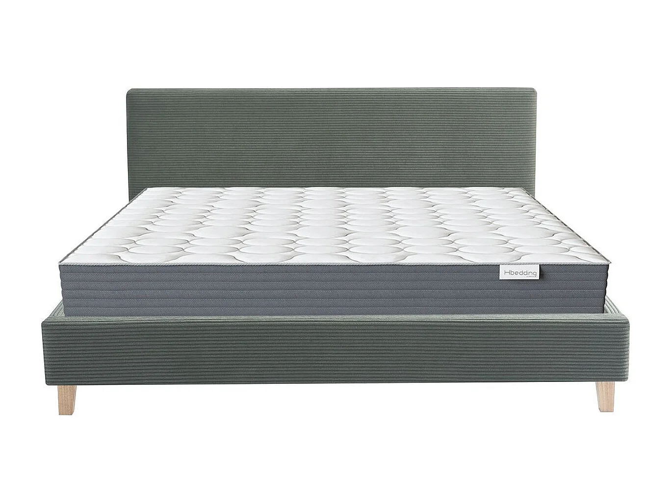 Ensemble Lit adulte 160x200cm avec tête de lit en velours côtelé vert kaki - Milo + Matelas mémoire de forme - Memo HR