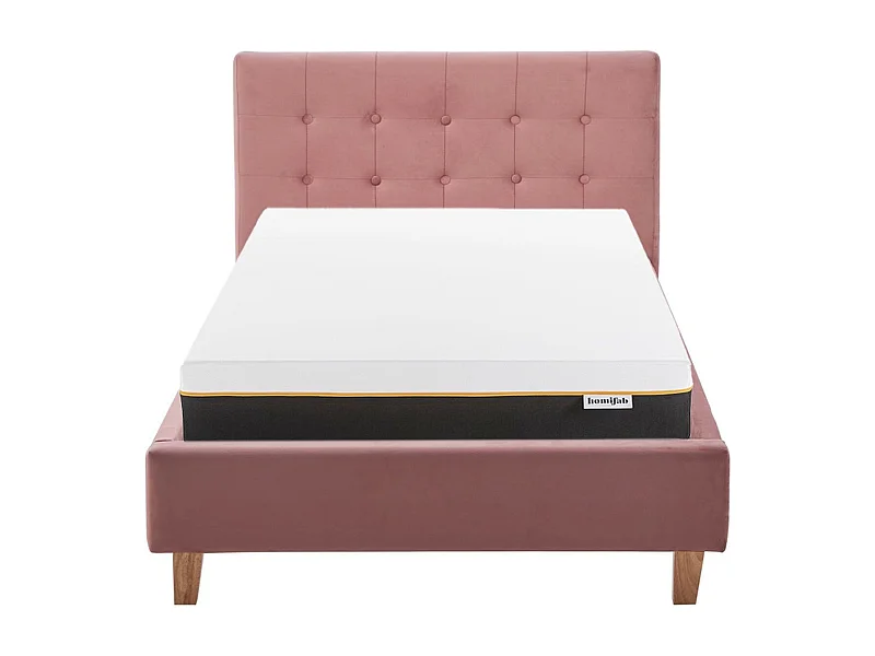 Ensemble Lit adulte 90x190cm avec tête de lit en velours vieux rose - Milo + Matelas mémoire de forme - Dual Confort