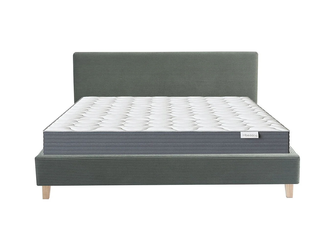 Ensemble Lit adulte 140x190cm avec tête de lit en velours côtelé vert kaki - Milo + Matelas mémoire de forme - Memo HR