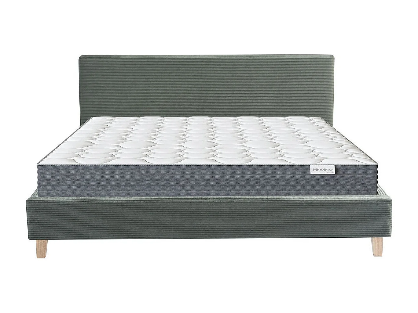 Ensemble Lit adulte 140x190cm avec tête de lit en velours côtelé vert kaki - Milo + Matelas mémoire de forme - Memo HR