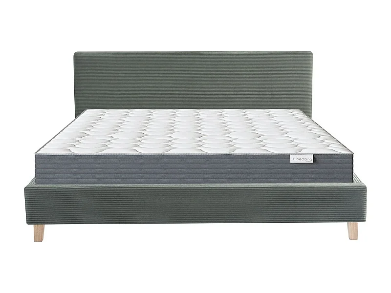 Ensemble Lit adulte 140x190cm avec tête de lit en velours côtelé vert kaki - Milo + Matelas mémoire de forme - Memo HR