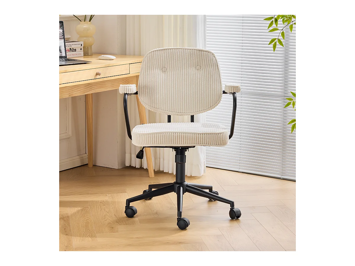 Fauteuil de bureau pivotant et réglable en hauteur en velours côtelé beige - Ann