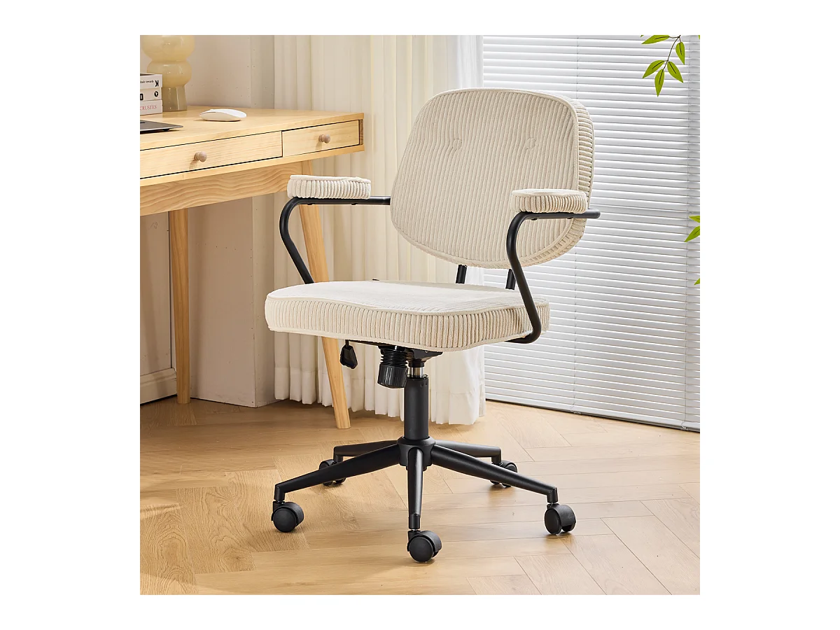 Fauteuil de bureau pivotant et réglable en hauteur en velours côtelé beige - Ann