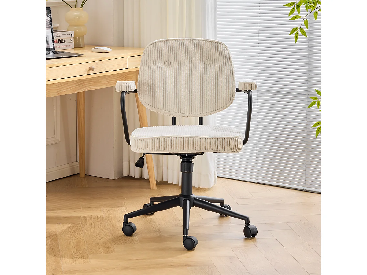 Fauteuil de bureau pivotant et réglable en hauteur en velours côtelé beige - Ann