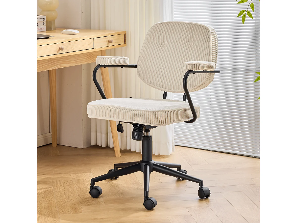 Fauteuil de bureau pivotant et réglable en hauteur en velours côtelé beige - Ann