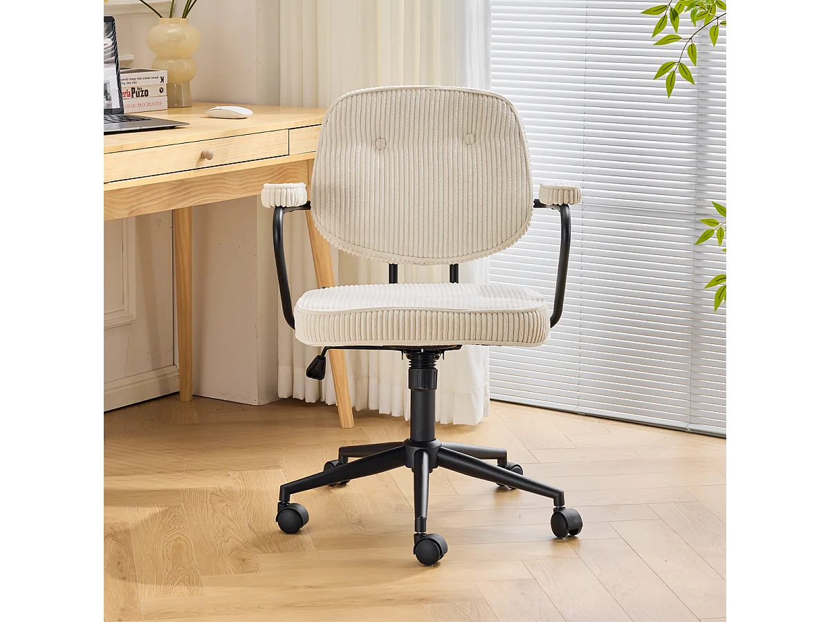 Fauteuil de bureau pivotant et réglable en hauteur en velours côtelé beige - Ann