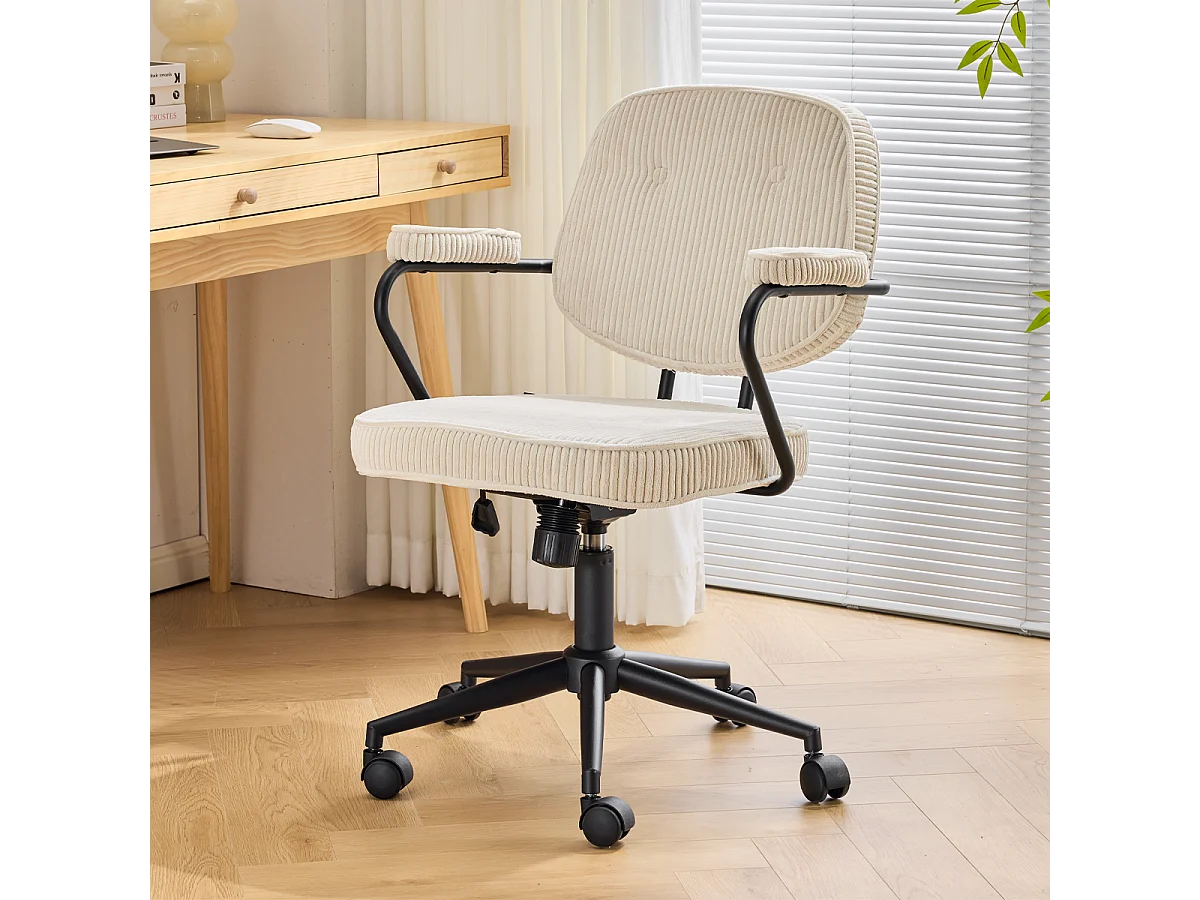 Fauteuil de bureau pivotant et réglable en hauteur en velours côtelé beige - Ann