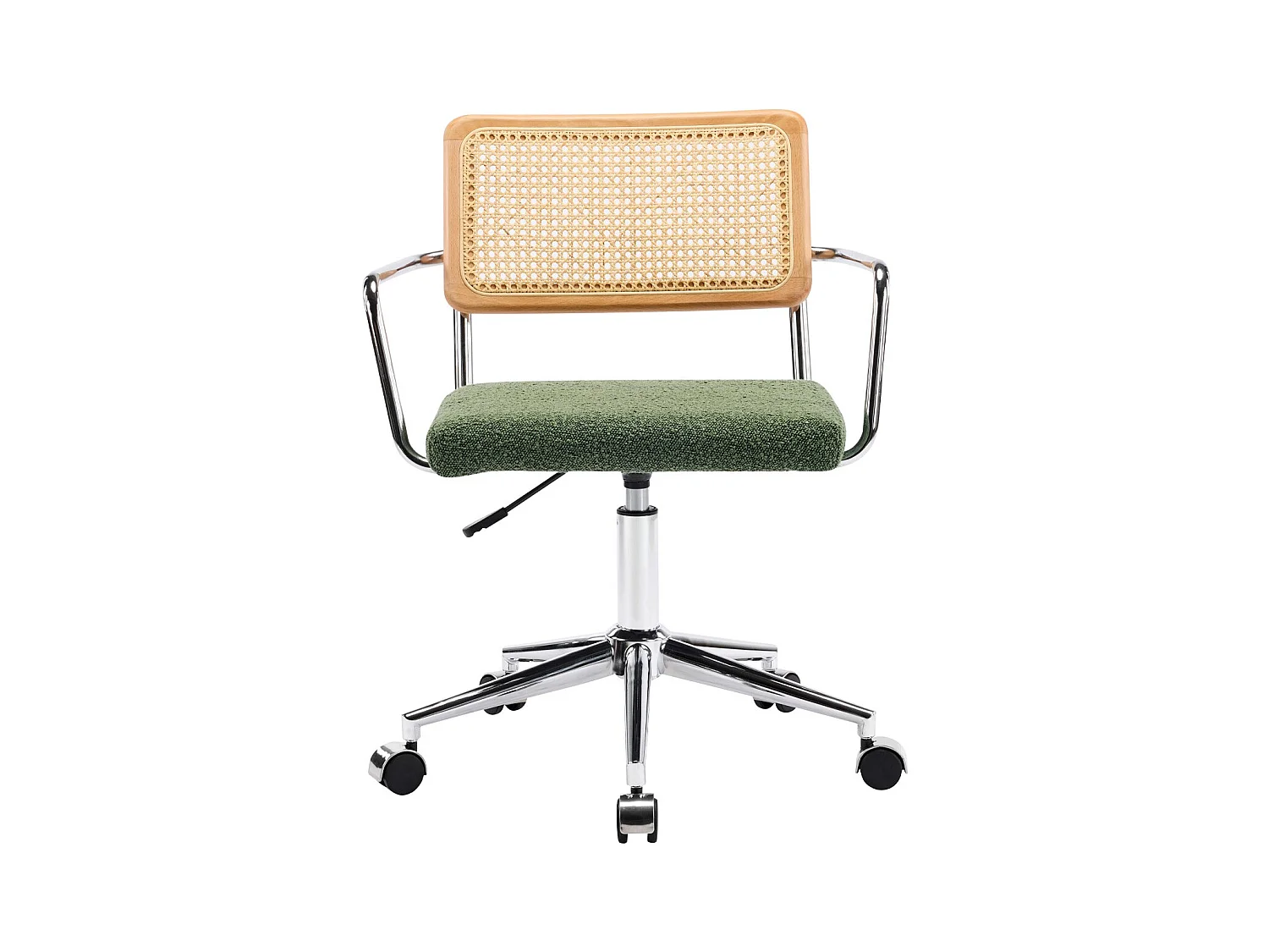 Fauteuil de bureau pivotant et réglable en hauteur en tissu bouclé vert et cannage - Julian