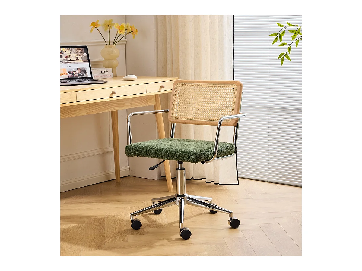 Fauteuil de bureau pivotant et réglable en hauteur en tissu bouclé vert et cannage - Julian