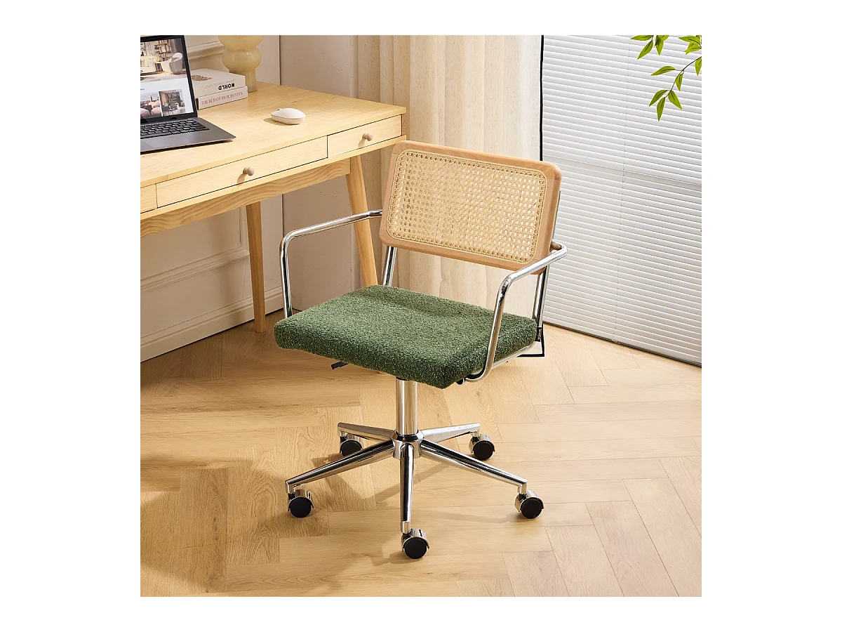 Fauteuil de bureau pivotant et réglable en hauteur en tissu bouclé vert et cannage - Julian