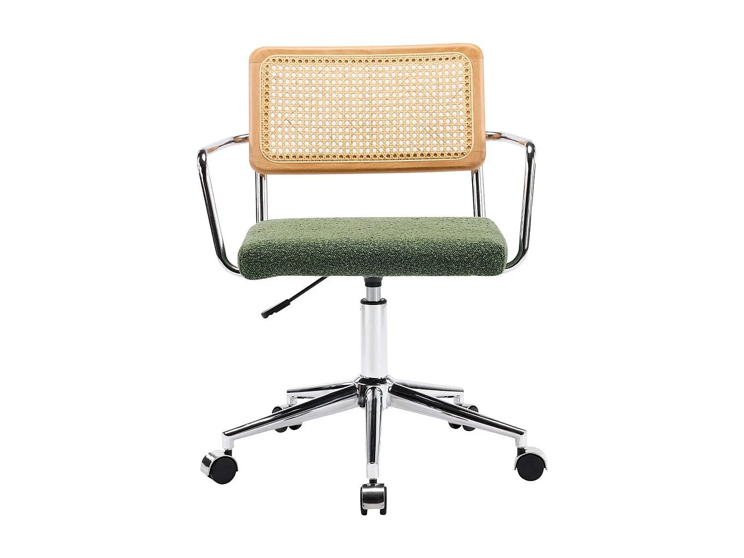 Fauteuil de bureau pivotant et réglable en hauteur en tissu bouclé vert et cannage - Julian