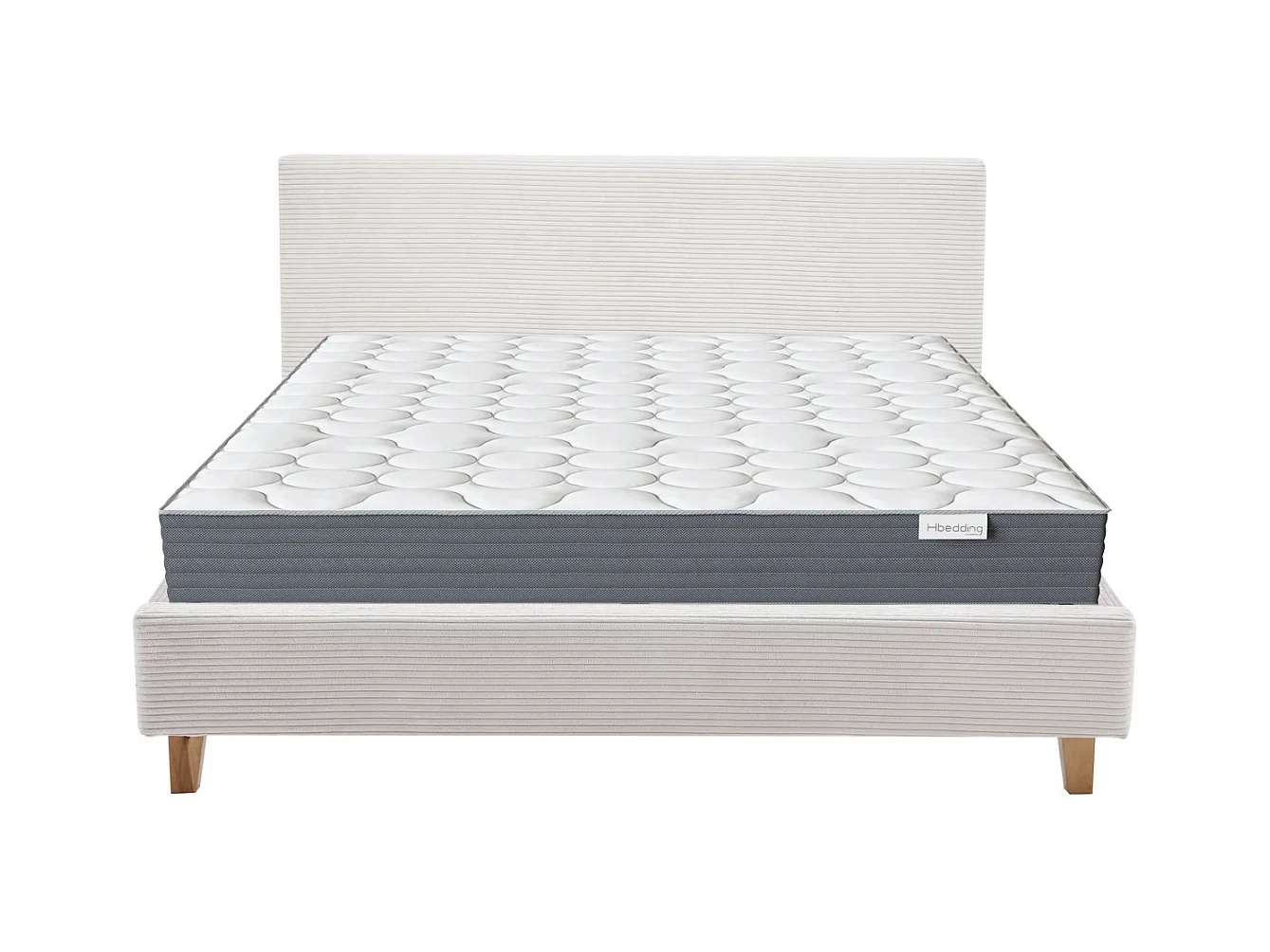 Ensemble Lit adulte 140x190cm avec tête de lit en velours côtelé beige - Milo + Matelas mémoire de forme - Memo HR