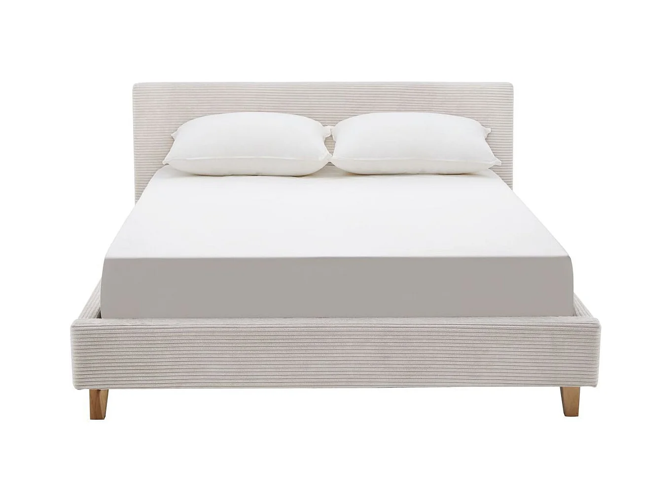 Ensemble Lit adulte 140x190cm avec tête de lit en velours côtelé beige - Milo + Matelas mémoire de forme - Memo HR