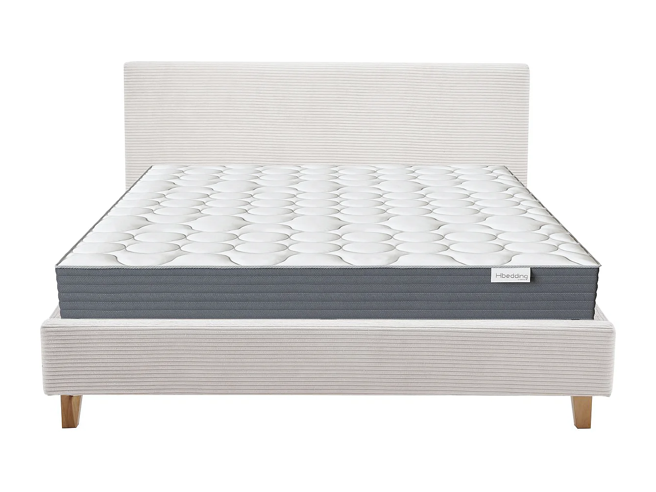 Ensemble Lit adulte 140x190cm avec tête de lit en velours côtelé beige - Milo + Matelas mémoire de forme - Memo HR
