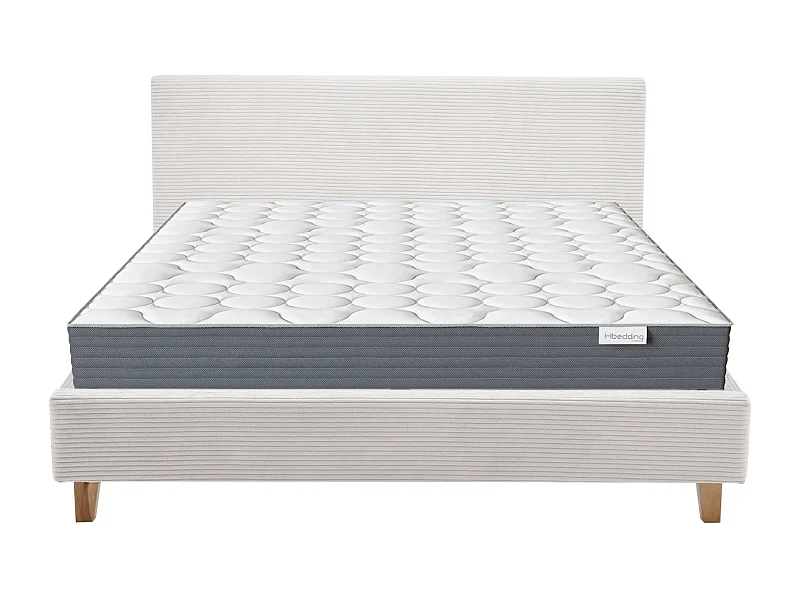 Ensemble Lit adulte 140x190cm avec tête de lit en velours côtelé beige - Milo + Matelas mémoire de forme - Memo HR