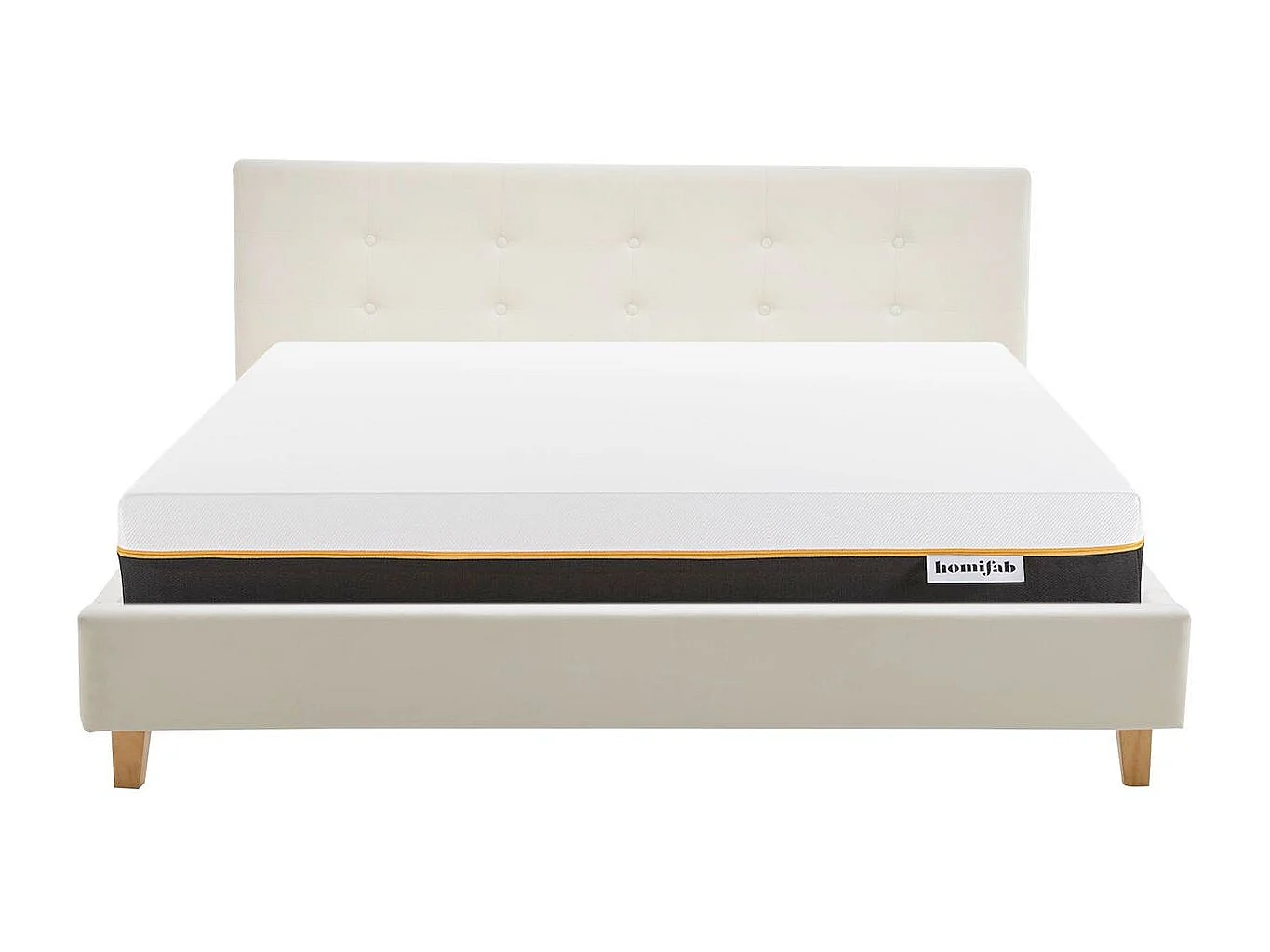 Ensemble Lit adulte 140x190cm avec tête de lit en velours beige - Milo + Matelas mémoire de forme - Dual Confort
