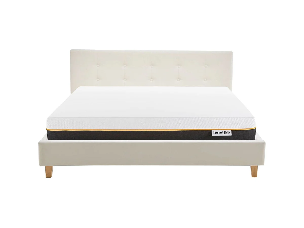 Ensemble Lit adulte 140x190cm avec tête de lit en velours beige - Milo + Matelas mémoire de forme - Dual Confort