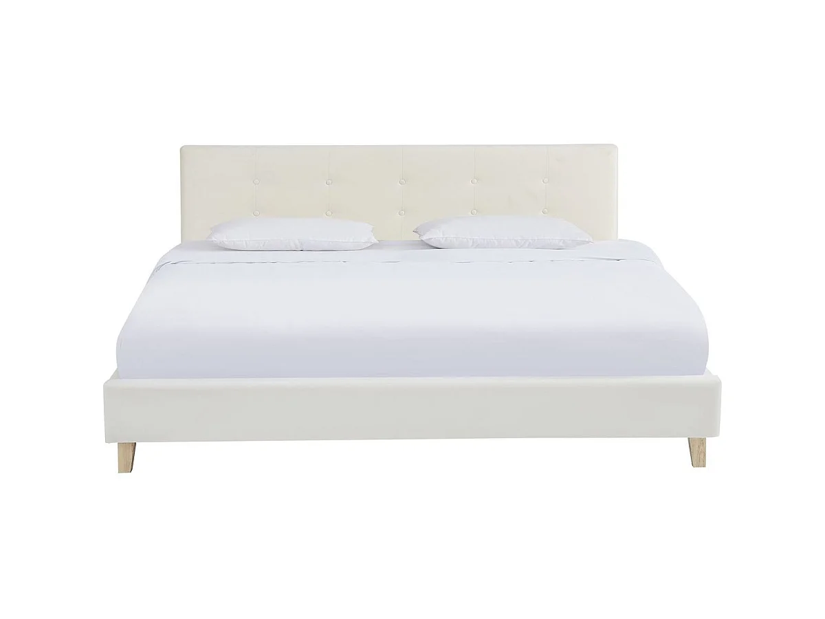 Ensemble Lit adulte 140x190cm avec tête de lit en velours beige - Milo + Matelas mémoire de forme - Dual Confort