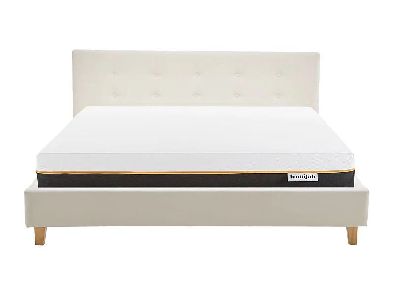 Ensemble Lit adulte 140x190cm avec tête de lit en velours beige - Milo + Matelas mémoire de forme - Dual Confort