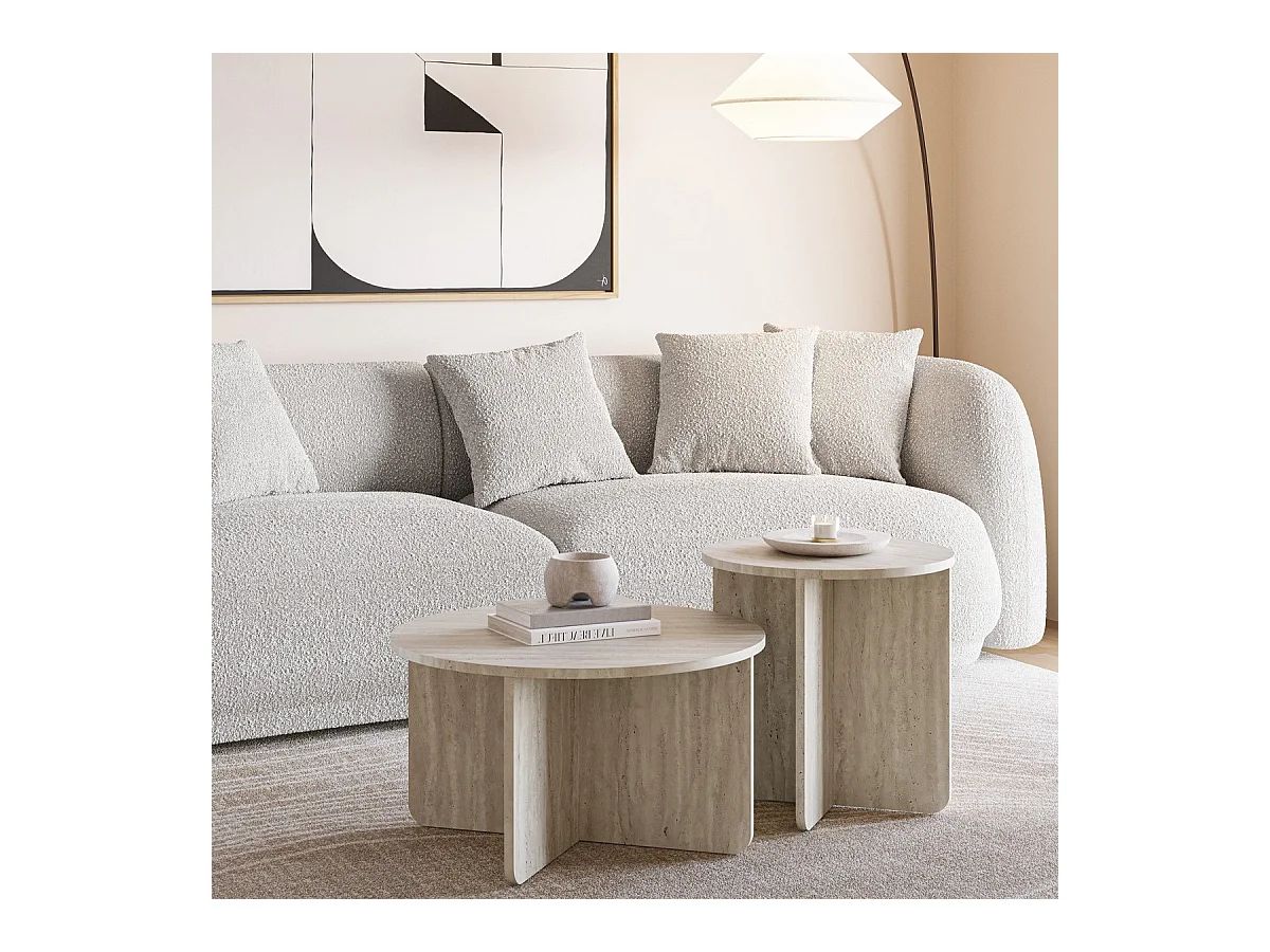 Set de 2 tables basses rondes décor travertin - Mina