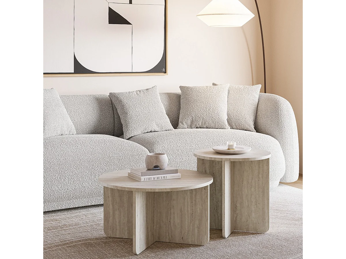 Set de 2 tables basses rondes décor travertin - Mina