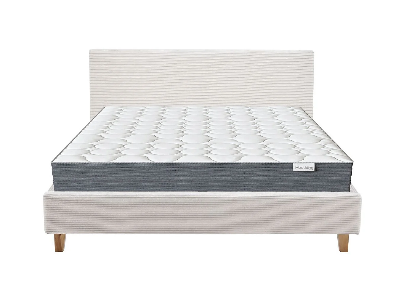 Ensemble Lit adulte 160x200cm avec tête de lit en velours côtelé beige - Milo + Matelas mémoire de forme - Memo HR