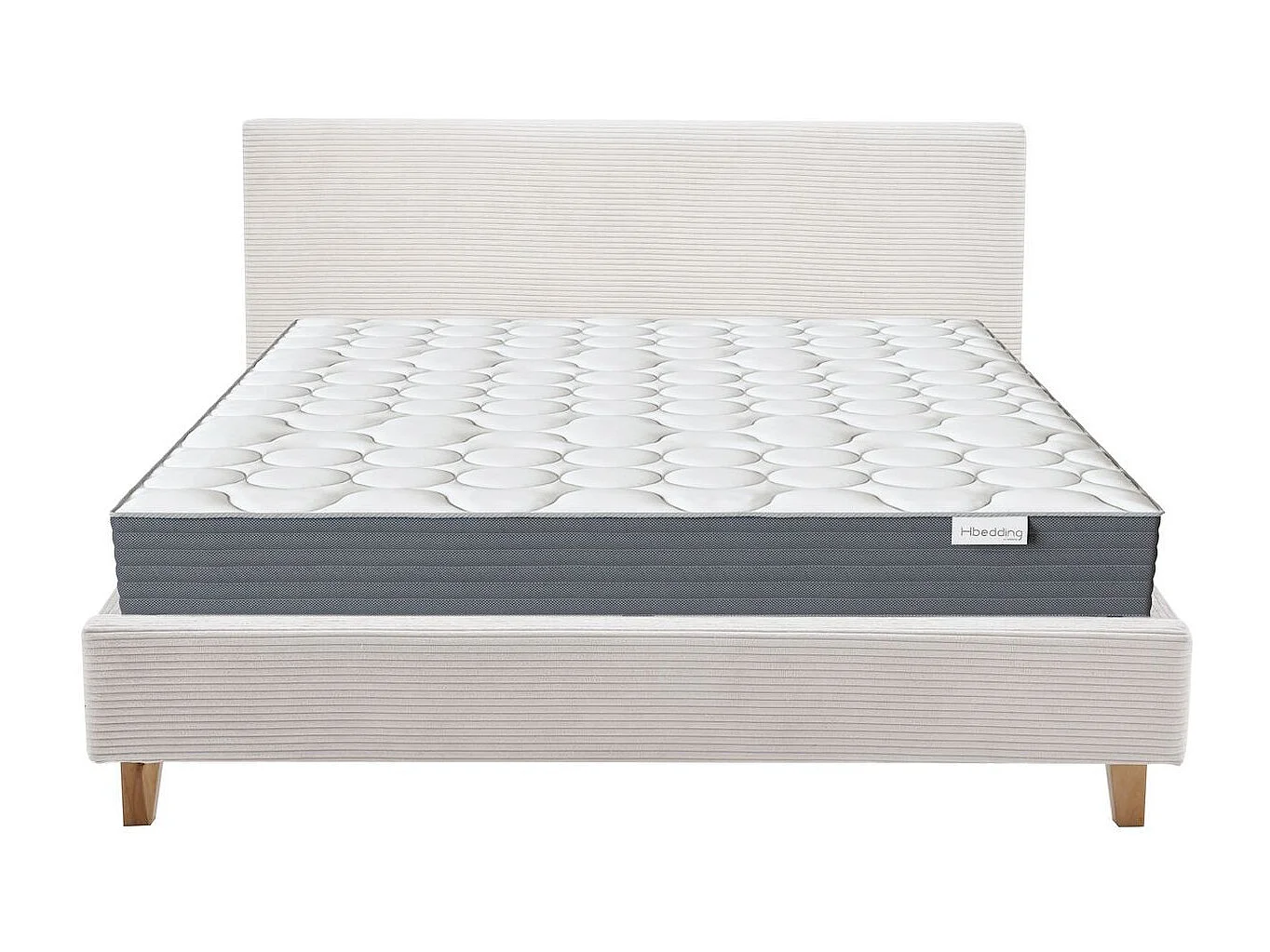 Ensemble Lit adulte 160x200cm avec tête de lit en velours côtelé beige - Milo + Matelas mémoire de forme - Memo HR