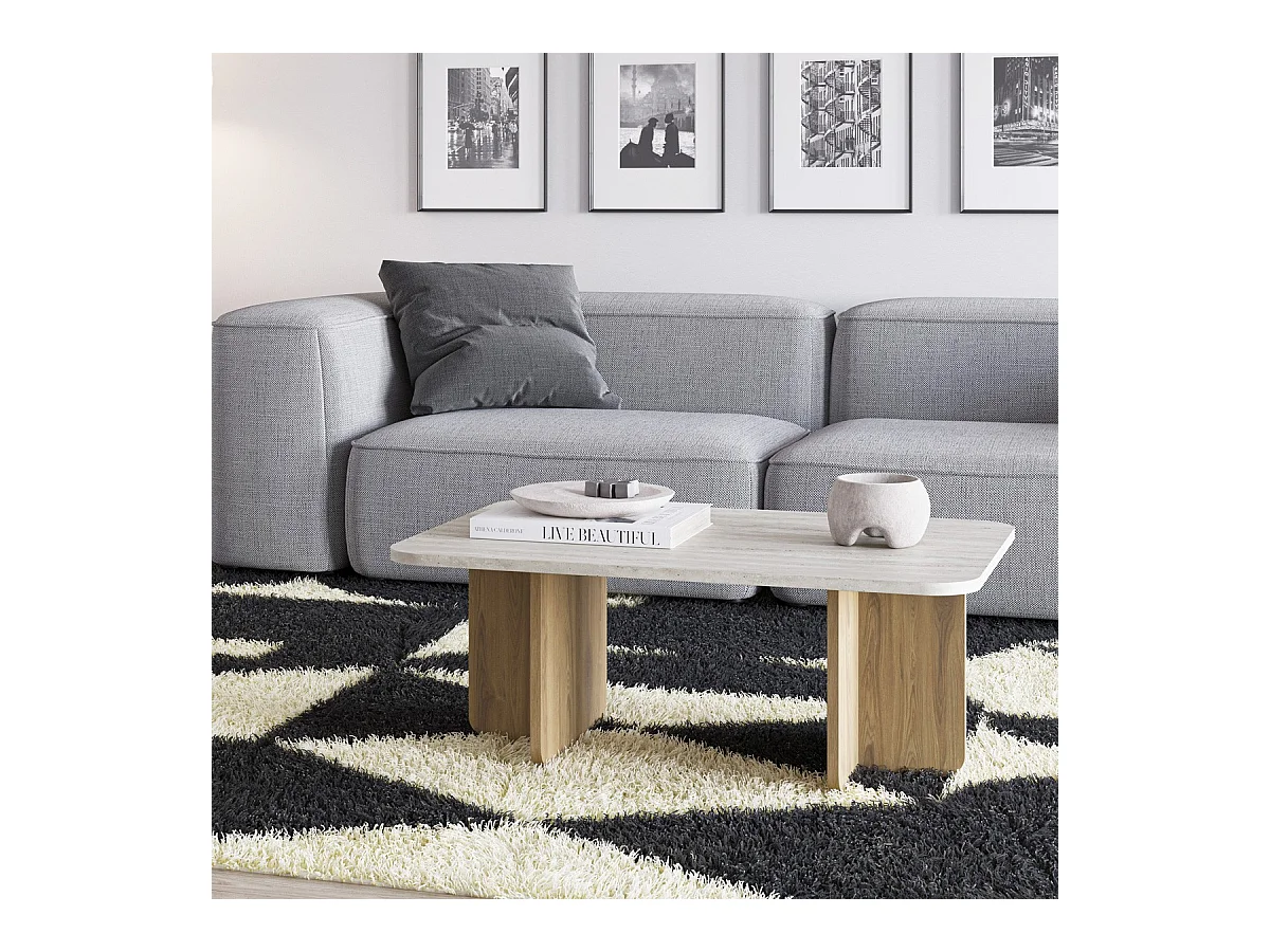 Table basse rectangulaire décor travertin et piètement couleur chêne 100 cm - Mina