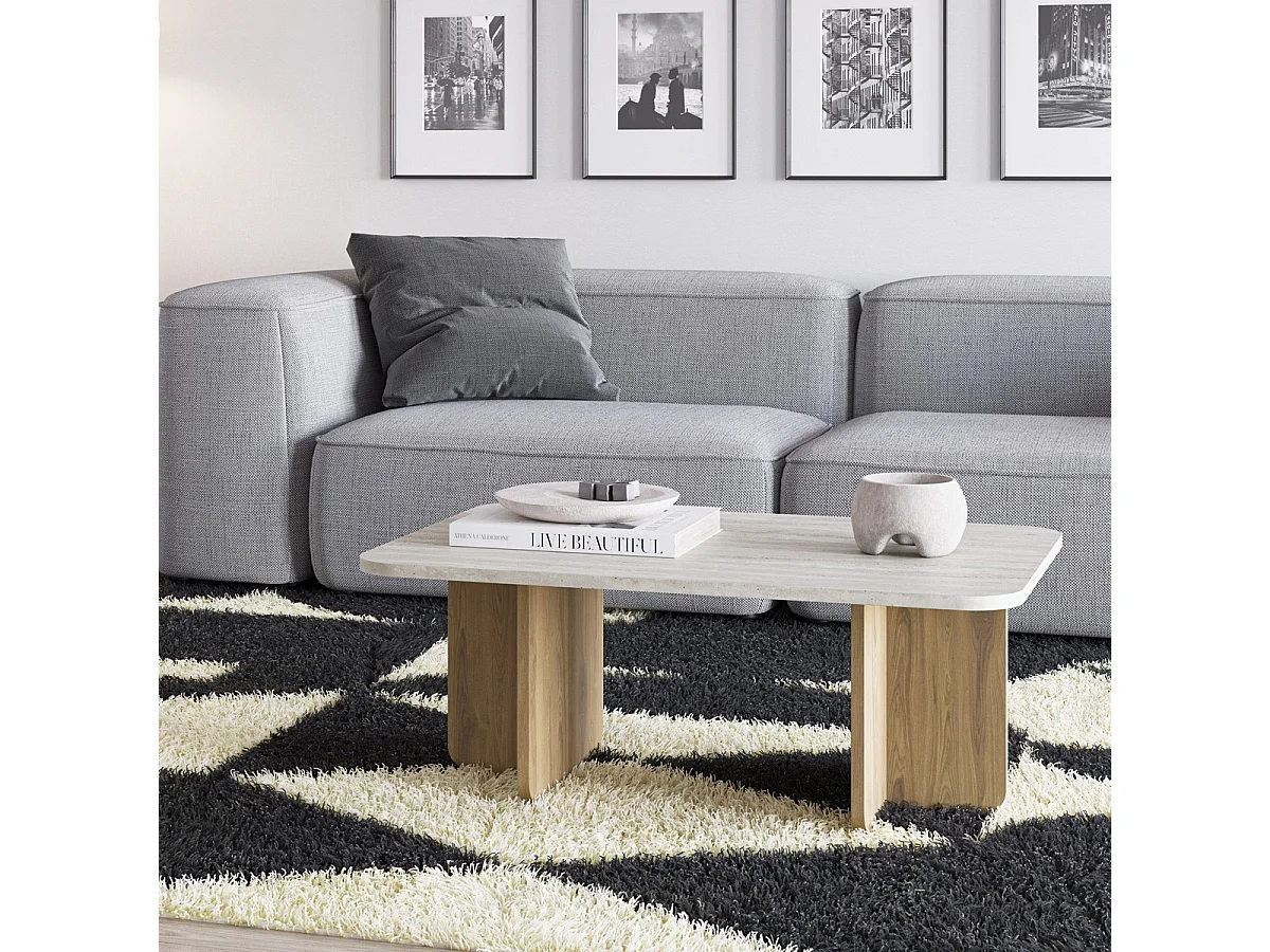 Table basse rectangulaire décor travertin et piètement couleur chêne 100 cm - Mina