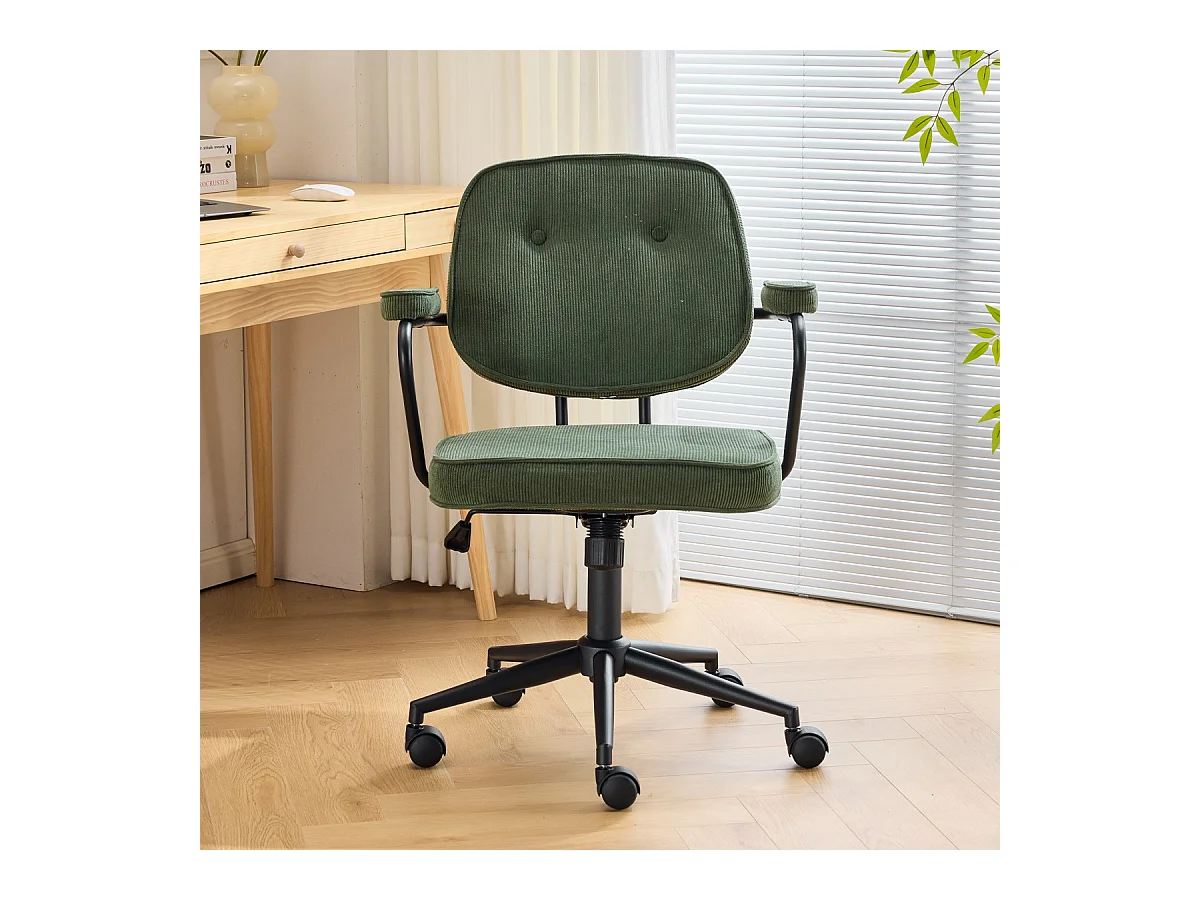 Fauteuil de bureau pivotant et réglable en hauteur en velours côtelé vert kaki - Ann