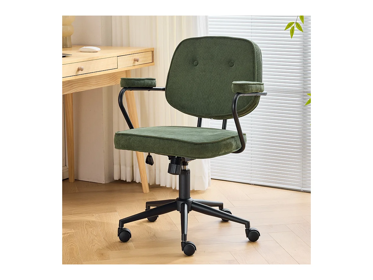 Fauteuil de bureau pivotant et réglable en hauteur en velours côtelé vert kaki - Ann