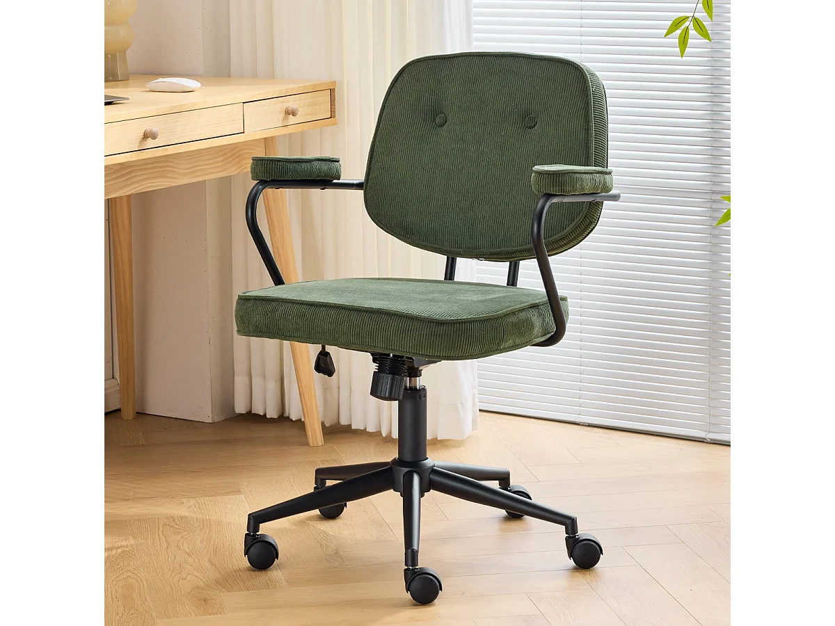 Fauteuil de bureau pivotant et réglable en hauteur en velours côtelé vert kaki - Ann